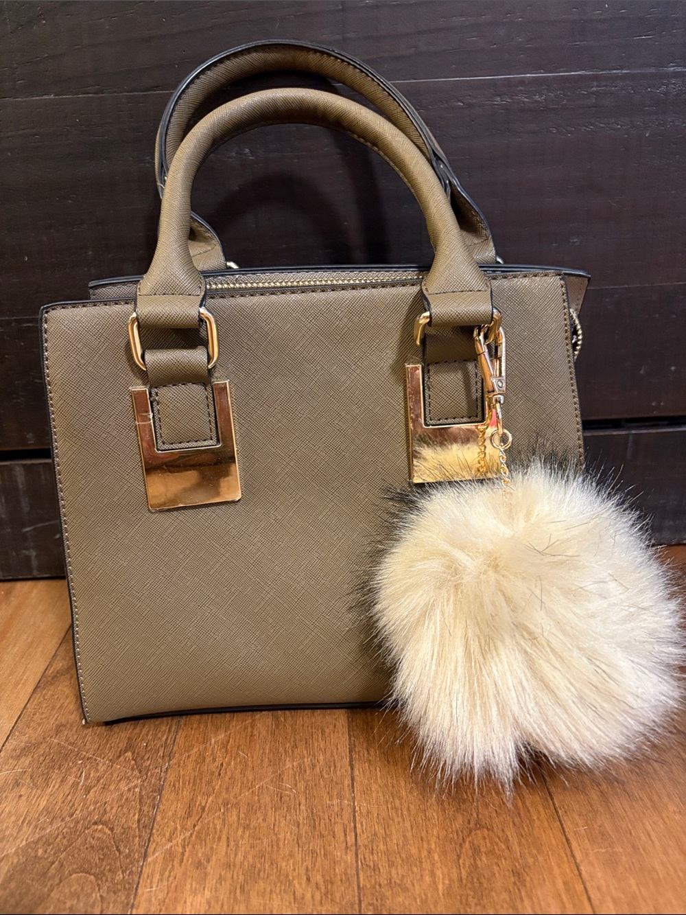 Olive Green Structured Purse with Cream Pom Charm Y2K